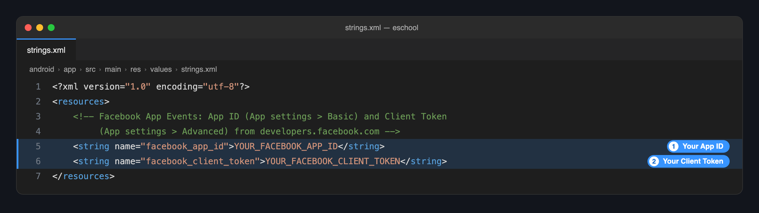 strings.xml: the Facebook App ID and Client Token